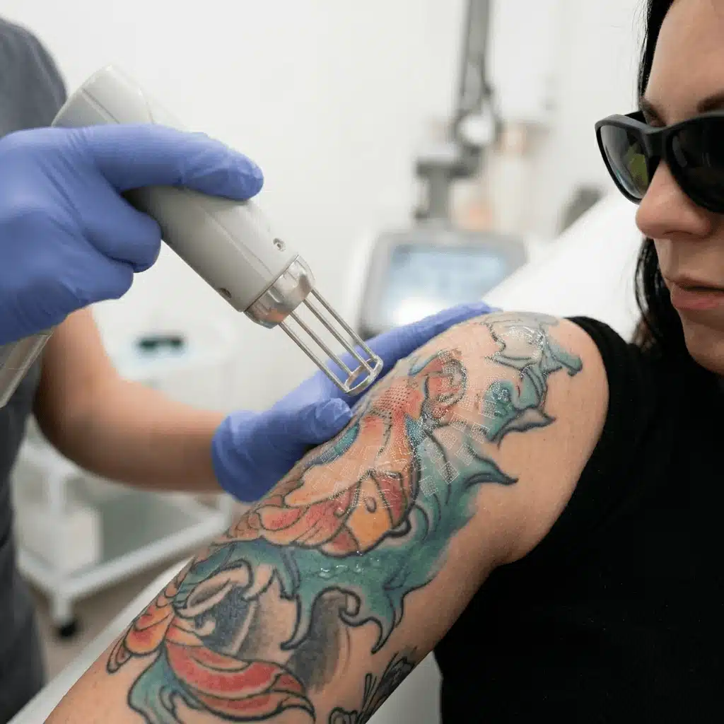 A close-up of a patient receiving a laser tattoo removal treatment on their arm.