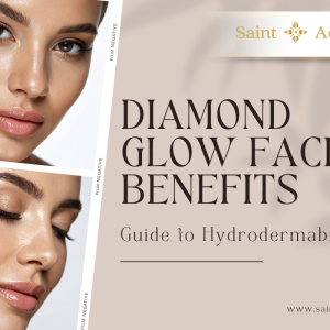 Graphic titled Diamond Glow Facial Benefits: Guide to Hydrodermabrasion by Saint Aesthetix, featuring photos of a woman with radiant, glowing skin.