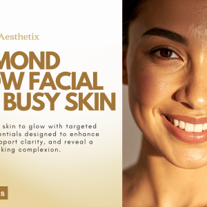 Promotional banner by Saint Aesthetix titled Diamond Glow Facial for Busy Skin, featuring a close-up of a smiling woman with a bright, radiant complexion.