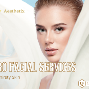 Promotional banner by Saint Aesthetix advertising professional hydro facial services to drench thirsty skin, featuring a woman draped in soft, flowing white fabric.