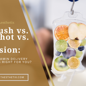 IV Push vs IM Shot vs Full Infusion banner explaining vitamin therapy delivery methods at Saint Aesthetix clinic.
