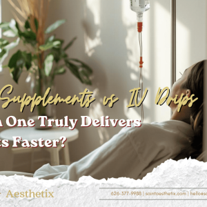 Comparison of IV therapy vs oral supplements for fast results, featuring a woman receiving a wellness drip at a clinic.