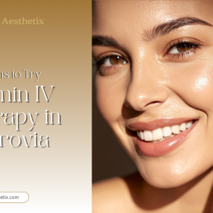Close-up of a smiling woman with glowing skin for Saint Aesthetix Vitamin IV Therapy.