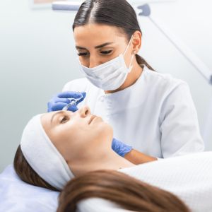 a doctor injects a patient's forehead