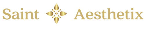 Saint Aesthetix gold logo in serif typography featuring a central starburst icon on a transparent background.